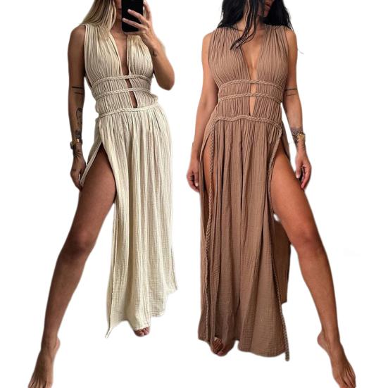 Летнее длинное платье с глубоким V-образным вырезом, без рукавов, на шнуровке, с поясом на талии, ажурное в богемном стиле, плиссированное, с разрезом, пляжное платье макси для отпуска