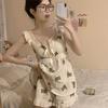 Cartoon Bear Summer Home Suit Women Square Collar Shirts + Shorts Soft Kawaii Pajamas Set Lace Bow Ruffles Korean Sleepwear