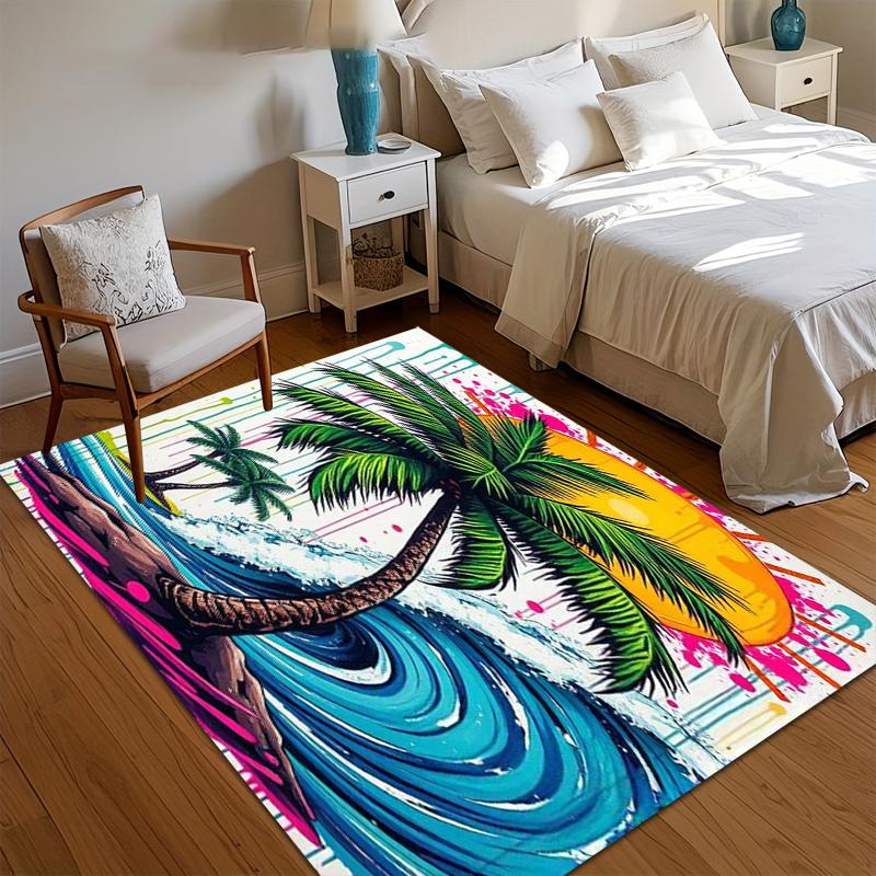 Soft Non-Slip Bold Tropical Beach Area Rug with Vibrant Palm Tree and Wave Design for Nursery Bedroom Living Room Decor