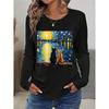 Women's T Shirt Cat Print 100% Cotton Tee Daily Fashion Basic Long Sleeve Black Spring & Fall
