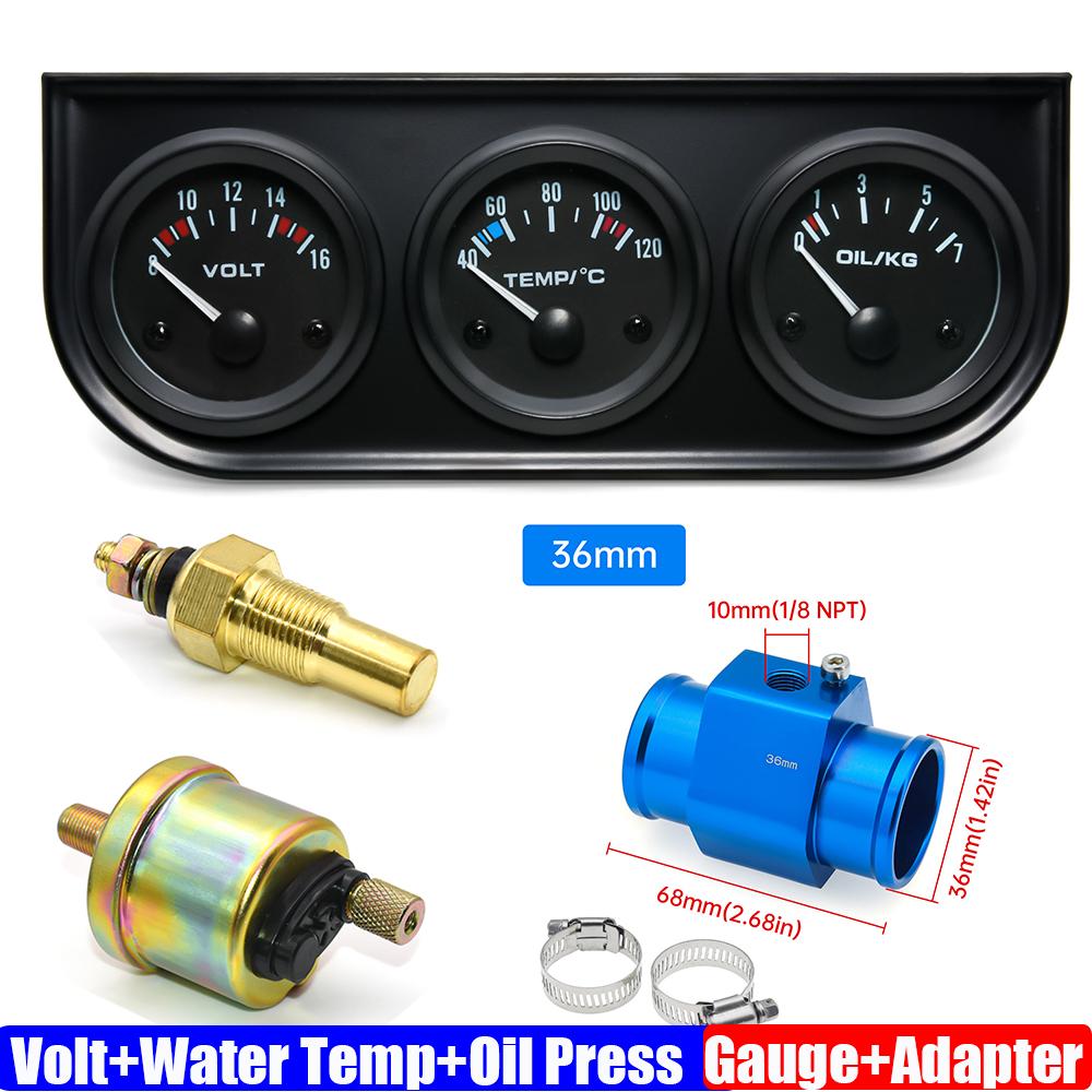 3 IN 1 Triple Gauge Kit 12V 52mm VOLT+Water Temp Meter+Oil Pressure Gauge+Sensor Temperature Radiator Hose Adapter 26MM-40MM
