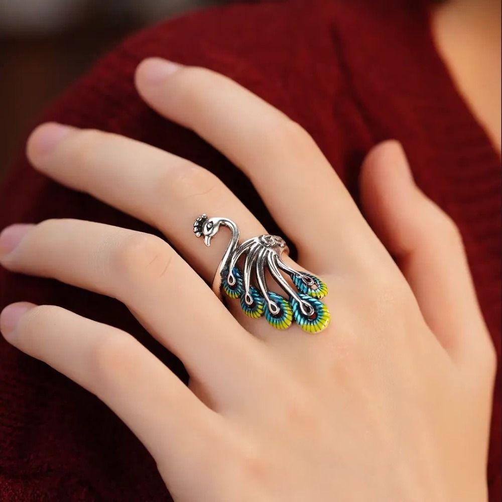 Zinc Zinc Alloy Women Finger Rings Peacock Enamel Retro Ring Personality Open Rings Girls