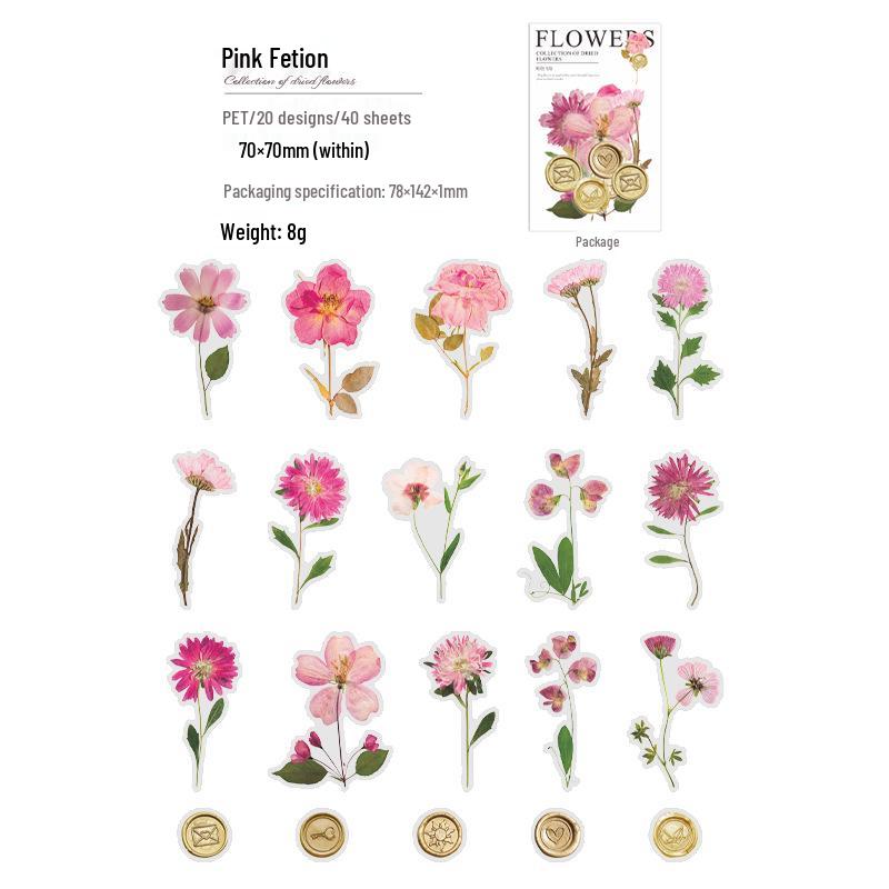 Набор наклеек для питомцев «Чудесный день»: 40 листов украшений для дневника из сушеных цветов с сургучной печатью