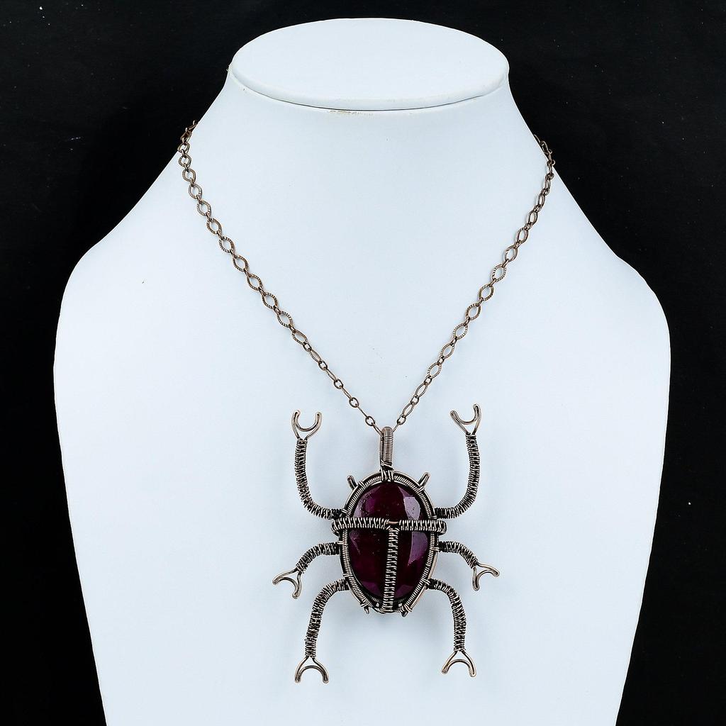 Граненый кашмирский рубиновый кулон, медная проволока, кулон, ювелирные изделия ручной работы из медной проволоки, изысканный кулон с драгоценным камнем, кулон с жуком, подарок для мамы