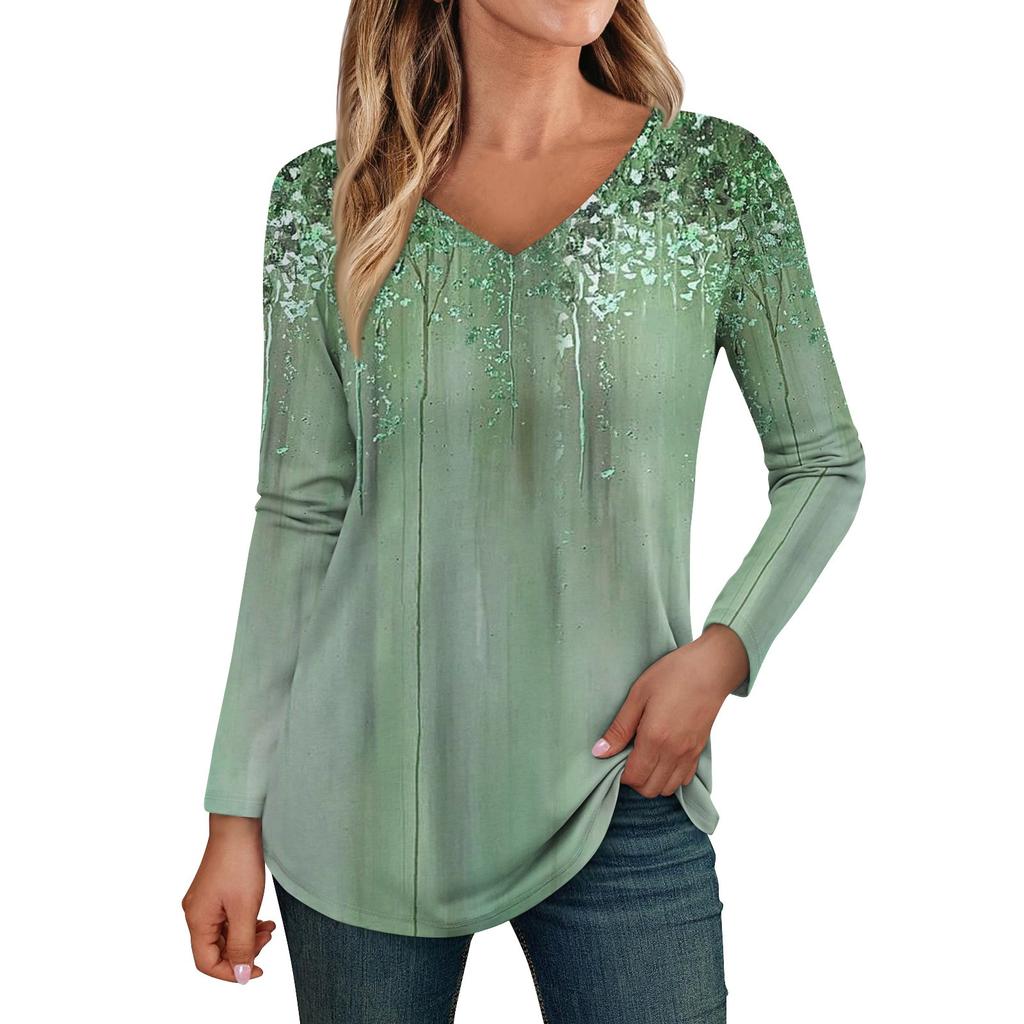 Womens Long Sleeve Tops V Neck Shirts Casual Flower Print Basic Trendy Tee Blouses Fall Tunic Outfits Fitted T Shirts
