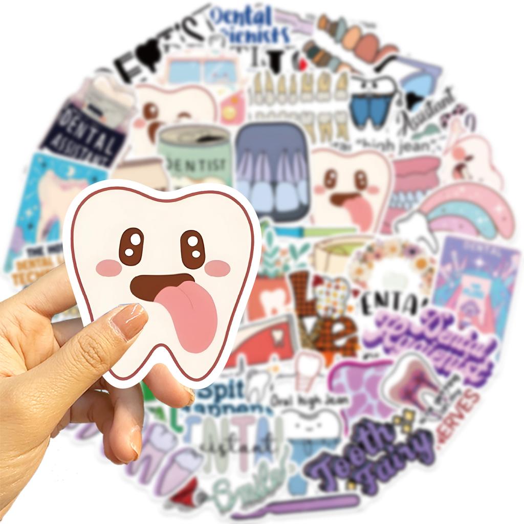 50Pcs Cute Dental Tooth Shaped Stickers Cartoon Teeth Sticker Dentist Store Toothbrush Label Decoration Dentistry Gifts