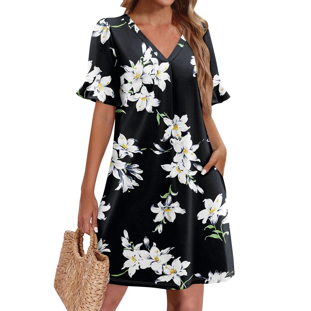 Летние платья для женщин с V-образным вырезом, оборками и коротким рукавом, повседневное свободное платье с принтом, пляжное платье с карманами