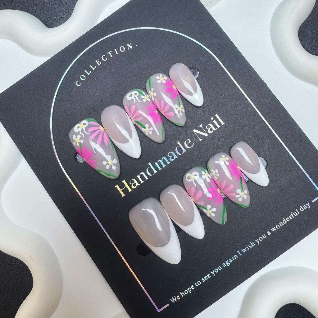 Индивидуальные накладные ногти, расписанные вручную весенними цветами, эксклюзивно уникальные миндалевидные накладные ногти ручной работы, дизайн в западном стиле с осветляющим эффектом