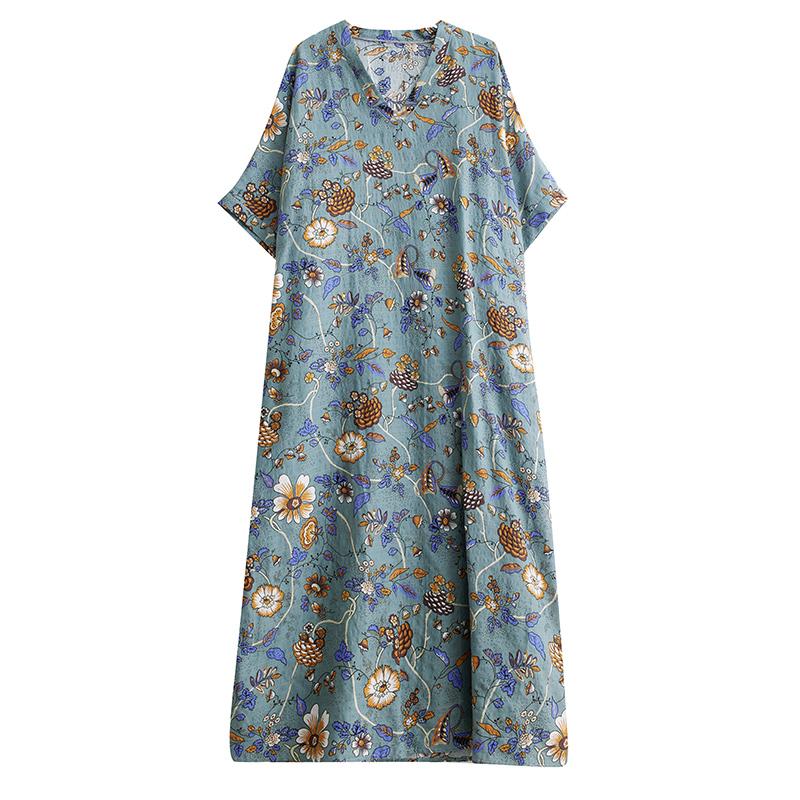 Летнее длинное платье больших размеров для пляжа, для женщин, с V-образным вырезом, с цветочным принтом, для отдыха, из мягкого льна, свободного кроя, для макси-платьев