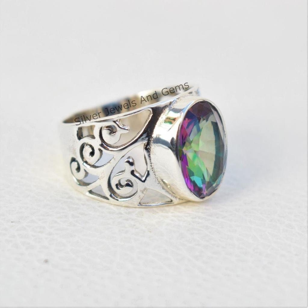Natural Mystic Topaz Ring-Handmade Silver Ring-925 Sterling Silver Ring-Designer Oval Mystic Topaz Ring-Gift for her-Anniversary Ring