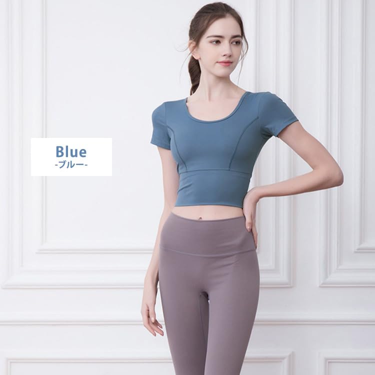 DAYCLOSET Топ для йоги с короткими рукавами yoga151 Женский с чашечками, рукавами, эластичный, легкий, (Л, Синий)