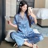 Женские пижамы, комплекты для отдыха, лето, осень, пижамный комплект с отложным воротником, искусственный шелк, атлас, топы с короткими рукавами и длинные брюки, женская пижама, домашняя одежда