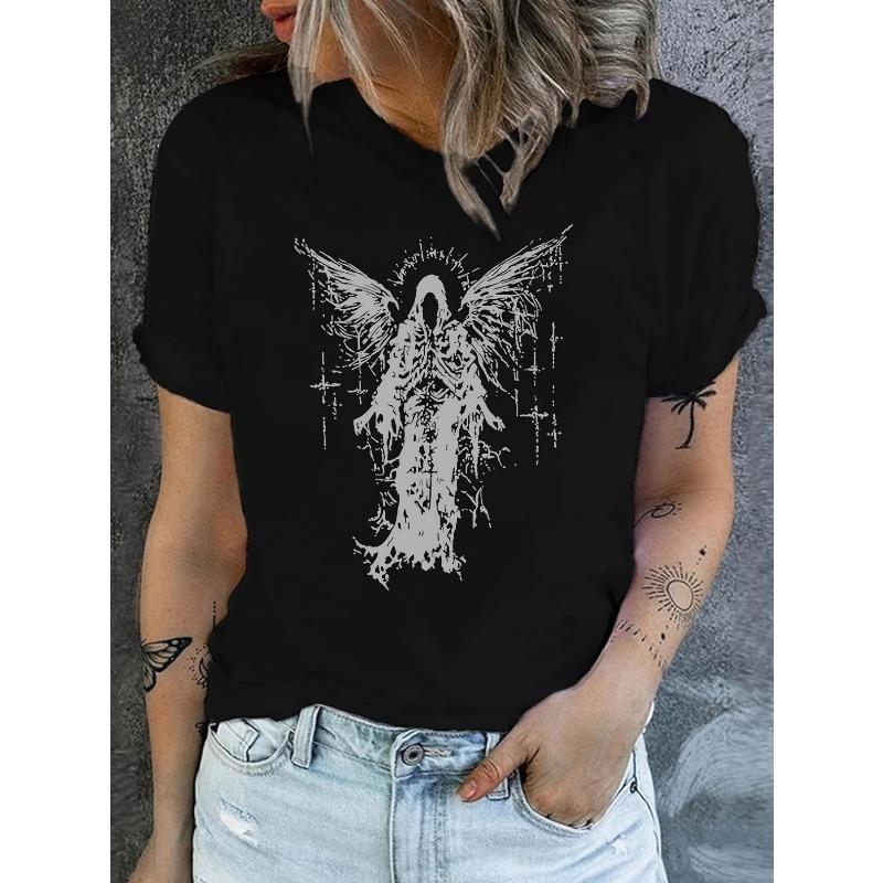Ladies Angel Pattern Tshirt Black Angel Wings Casual Summer Dark Gothic Style Tshirt