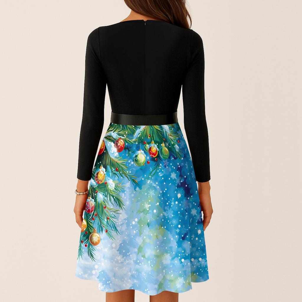 Женские повседневные модные длинные платья с рождественским графическим принтом и длинными рукавами в винтажном стиле