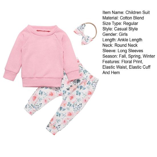 3 шт./компл. Детский костюм из топа и брюк с бантом, повязкой на голову, цветочным принтом, круглым вырезом, длинными рукавами, эластичным поясом и брюками, наряд для различных случаев