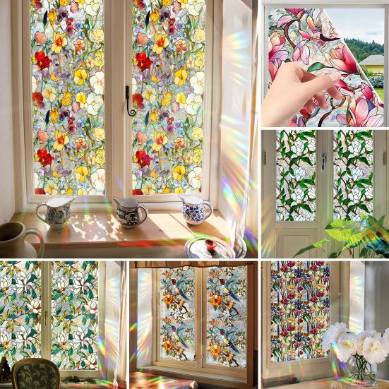 Flower Window Privacy Film Double-sided Stained Glass Rainbow Window Film Sun Blocking Static Covering Cling Sticker PVC Window Door Decorative