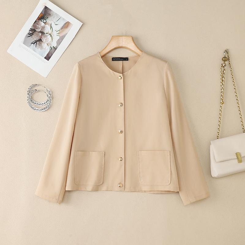 ZANZEA Women Casual Round Neck Loose Long Sleeve Plain Blouse