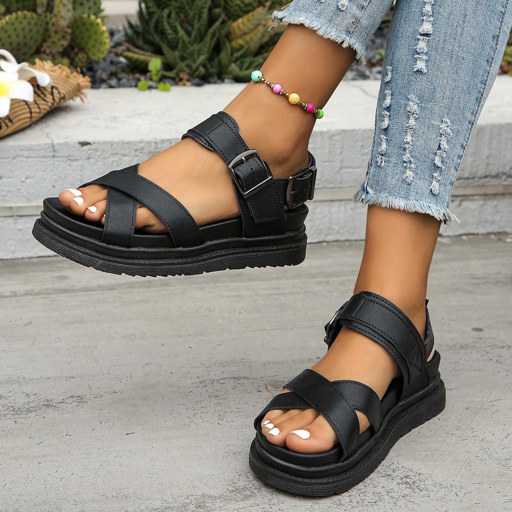 PU Leather Platform Sandals for Women 2025 Summer Comfy Non Slip Beach Shoes Woman Thick Sole Buckle Strap Black Sandalias Mujer