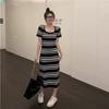 Ретро Полосатое Летнее Платье с Квадратным Вырезом - Облегающее Талию Французский Стиль Пляжная Одежда