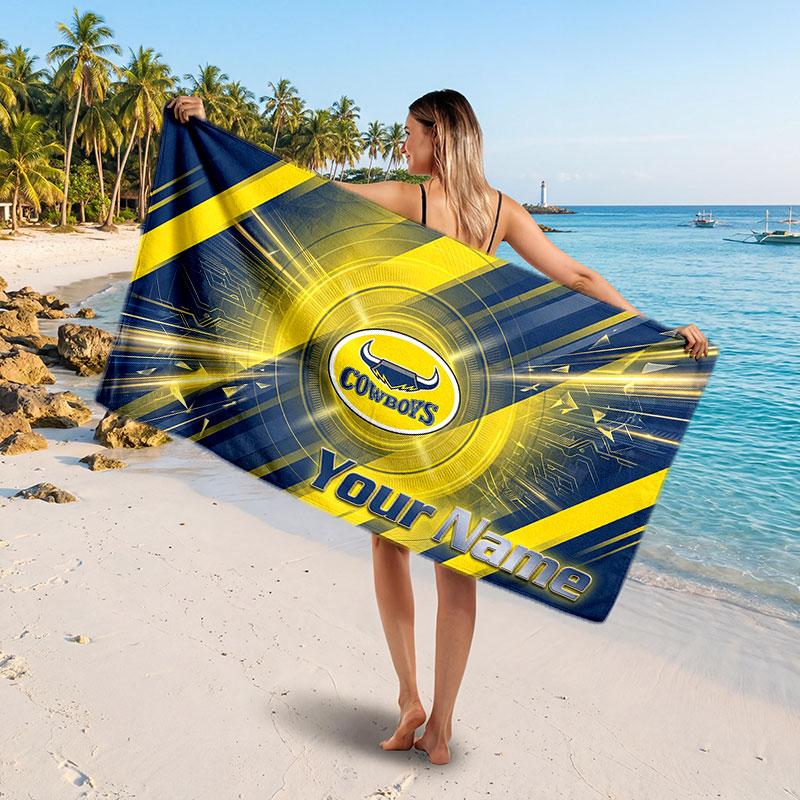 North Queensland Cowboys Customized Name Text Beach Towel, Soft Absorbent Towel Beach Pool Travel Personal Gift