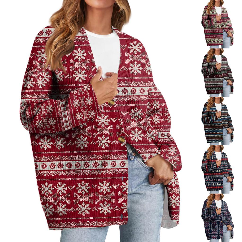 Женский модный кардиган с длинным рукавом, V-образным вырезом, на пуговицах, свободного кроя, с рождественским принтом