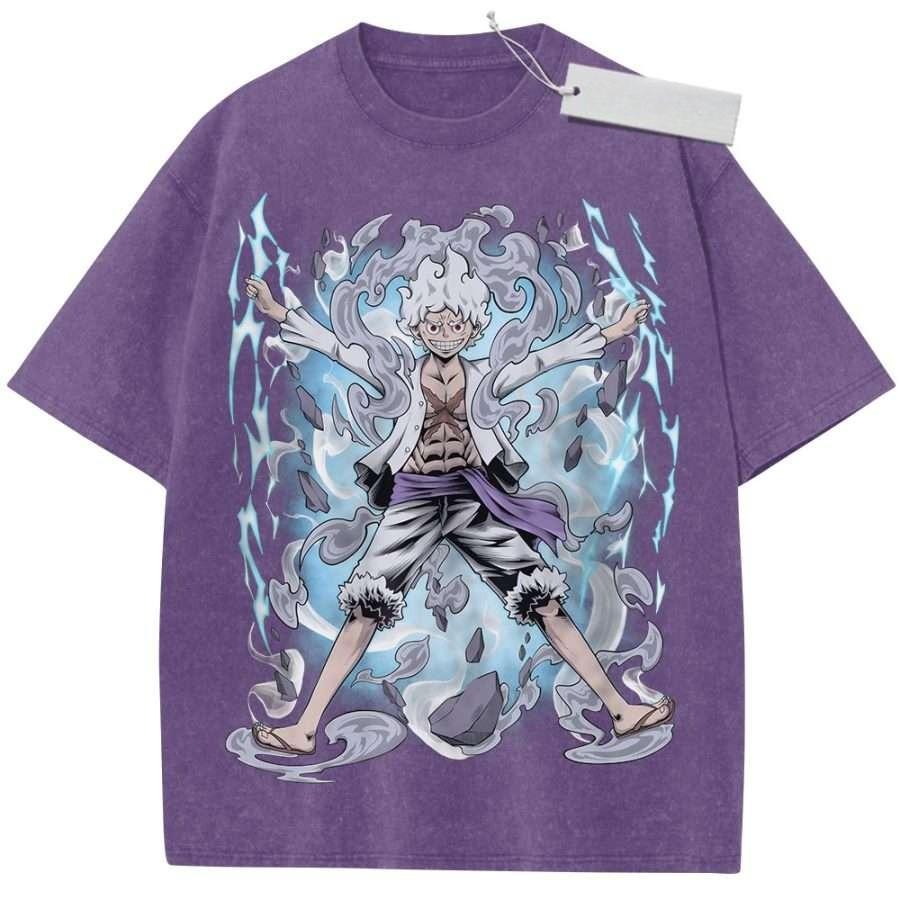 Unisex Washed Black Vintage T Shirt One Piece Luffy th Gear Lightning Smoke High Quality Fabric for Home Leisure Travel