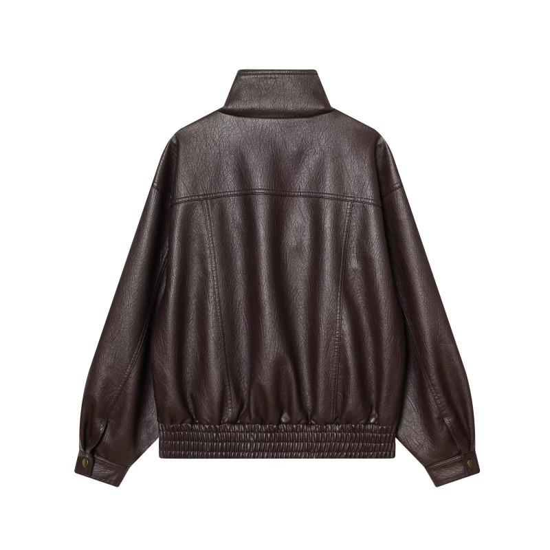 Womens Loose Fit Faux Leather Moto Jacket Street Style Casual All-Match Outerwear