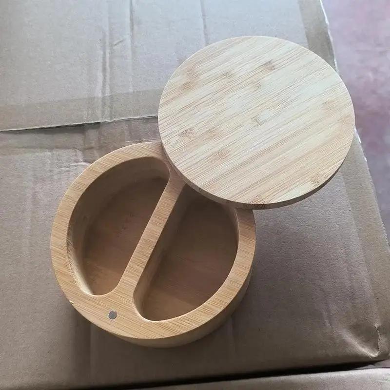 Бамбуковая солонка с ложкой Кухонная банка для специй Магнитный вращающийся бытовой контейнер для приправ Шкатулки для хранения ювелирных изделий ручной работы