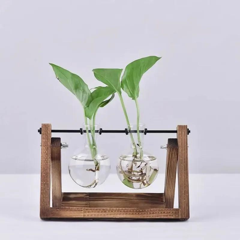 Hydroponic Plant Vases Glass Vase Vintage Bonsai Flower Pot Terrarium Tabletop Tray Wooden Frame Home Decor