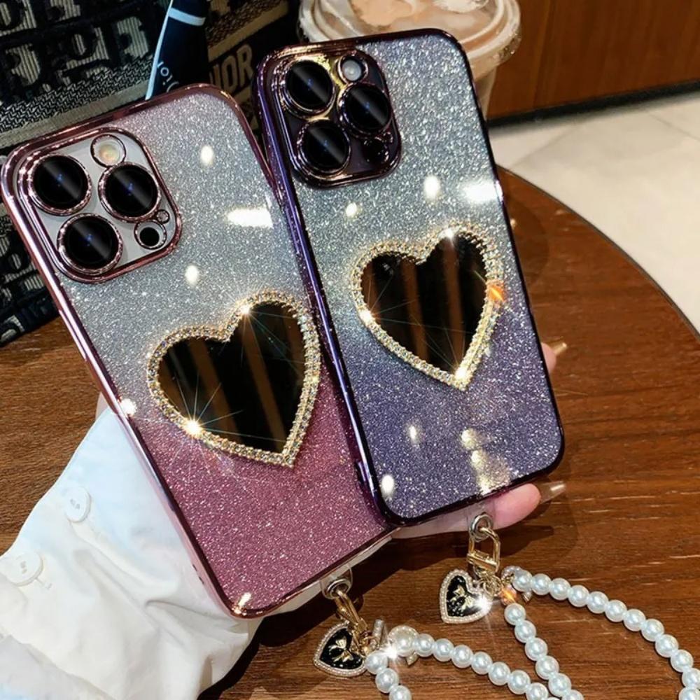 Роскошный чехол для телефона с зеркалом любви и бриллиантами для Xiaomi Redmi Note 14 13 Pro Plus 5G 4G 14S 14 13 Pro, шнурок для подвешивания с жемчужным сердцем
