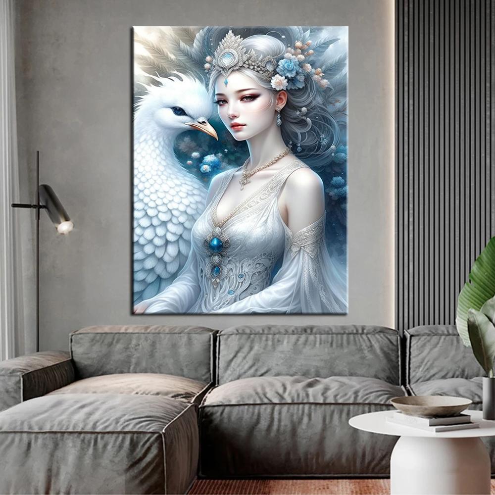 White Peacock and Girl 5D Full Round Diamond Painting Kits Zen Art Buddhist Sculpture DIY Drills Mosaic Embroidery Cross-stitch J3954