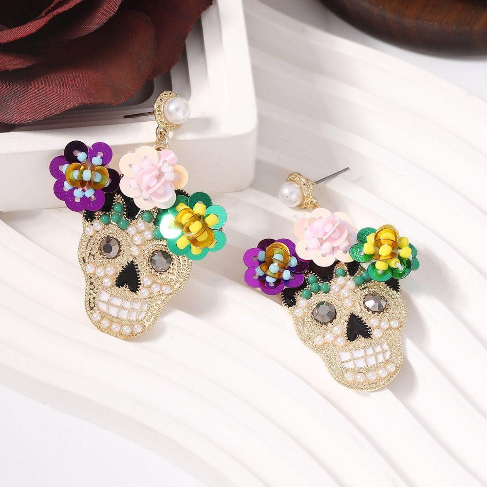 Personality Zircon Encrusted Skull Earrings Flower Glitter Skeleton Stud Earrings Girl