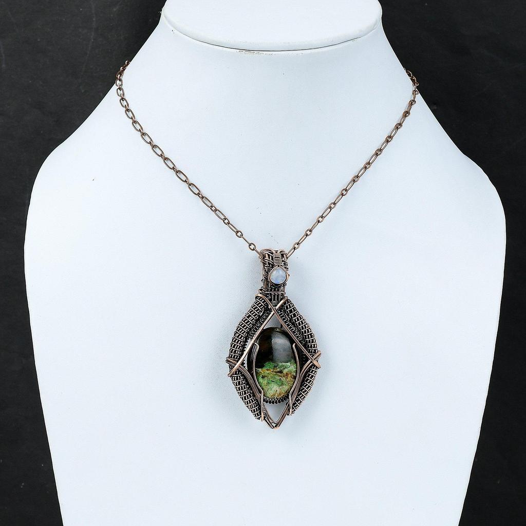 Австралийский хромированный кулон с халцедоном, кулон с радужным лунным камнем, медная проволока, кулон, ювелирные изделия из драгоценных камней, кулон ручной работы, медные ювелирные изделия