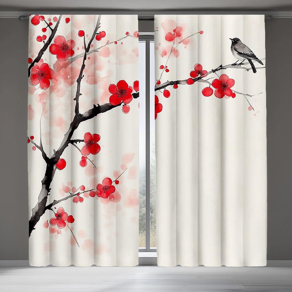 2 Pieces Elegant Plum Blossom Print Curtains, Polyester Fabric, Machine Washable, Suitable For Bedroom Living Room Decoration