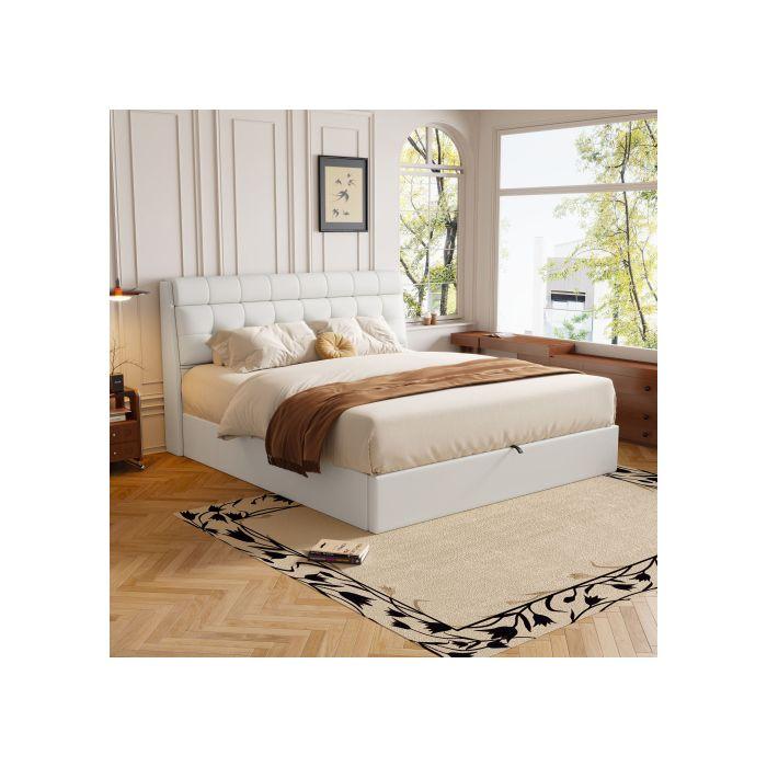 Lit capitonné - MUVOE - 160x200 - Coffre de lit - PU - Sommier à lattes - Blanc