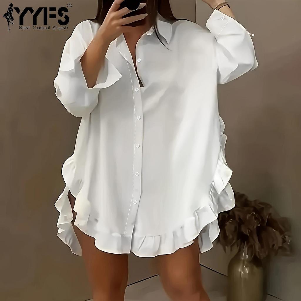YYFS Женские модные повседневные весенне-осенние однотонные рубашки-поло с длинным рукавом и принтом, блузки и рубашки