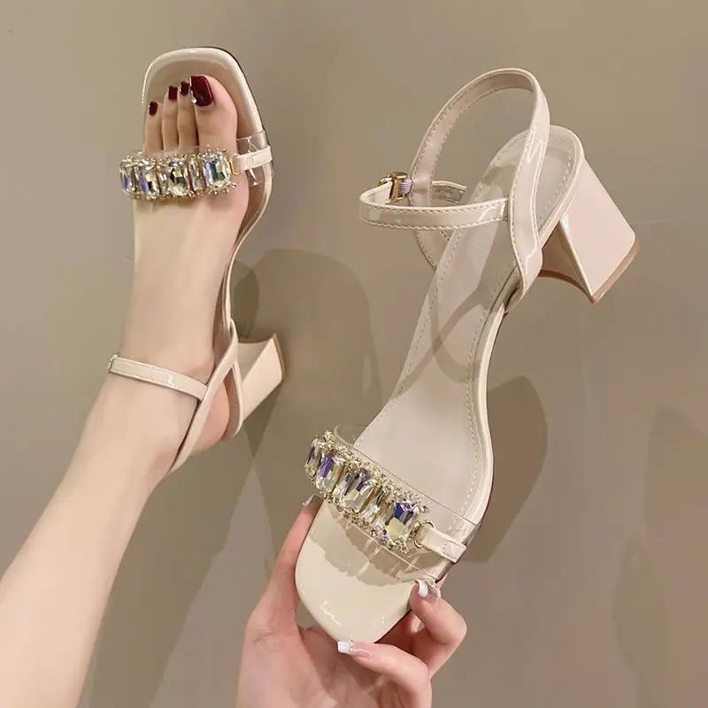 Fashion Rhinestone Solid Color Thin High Heels for Women 2025 New Open Toe Thick with Women Summer Square Head Rhinestone Sandals