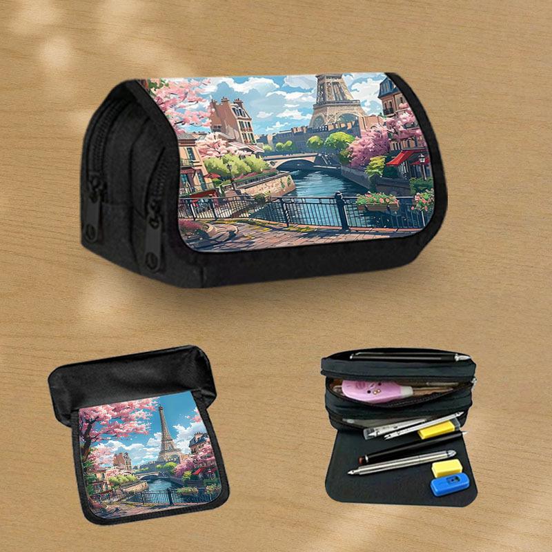 Impressionist Style Paris Landscape Pink - Flip-Top Pencil Case for School Large Capacity Pencil Pouch Aesthetic Pencil Box for Office Stationery Orga