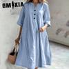 Women's Dress Women's Mid-length V-neck Half-sleeved Cotton and Linen Loose Version of The Three-button Pockets Dress