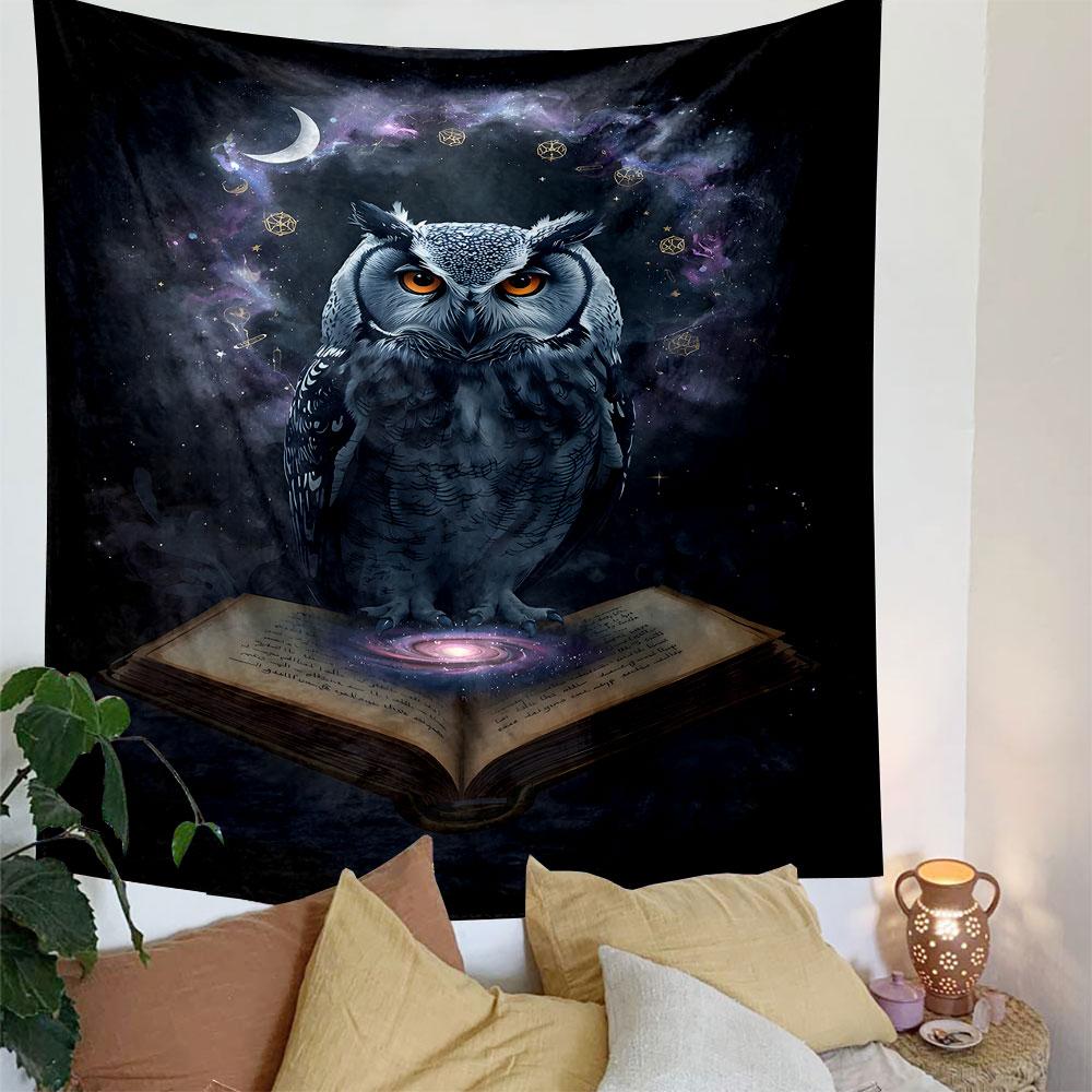 "Galaxy Owl on Magic Book at Night" Patterned Tapestry Decorative Wall Hanging, Home Bedroom Living Room Decor