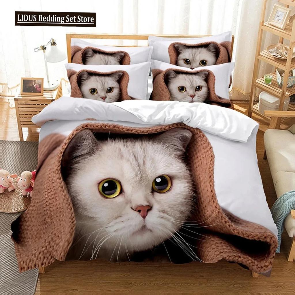 3D Кошка Милый котенок Узор Пододеяльник Кошка Детская Спальня Украшение Кошачий Комплект Постельного Белья Для Женщин Девочек Мальчиков Подарки На Молнии 3 шт