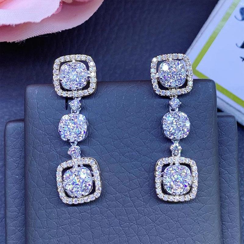 Серьги-подвески Halo Cushion Square, соединенные, полное паве, круглый кубический цирконий, серебристый тон, длинные, для официальных вечерних мероприятий, женские аксессуары
