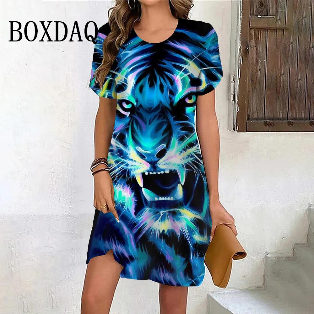 Модное женское платье с 3D-принтом и рисунком животного тигра, новое летнее платье с круглым вырезом и коротким рукавом, повседневное уличное мини-платье большого размера 6XL
