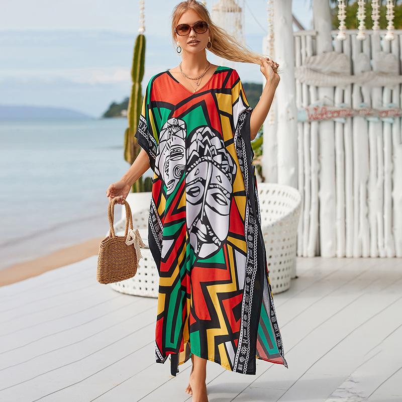 Plus Size Boho Cover Up, Women's Plus Painting Print Bat Sleeve V Neck Split Hem Maxi Cover Up Dress