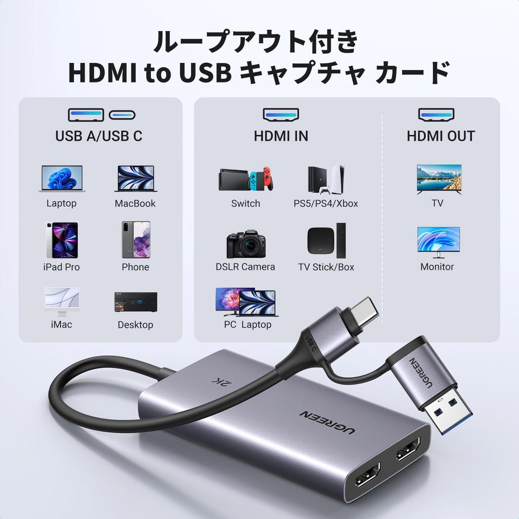 UGREEN HDMI Capture Card with USB Full HD 1080P Latency Compatible with and More 2K@30Hz 4K@30Hz Pass-Through, 3.0, 60Hz, Ultra-Low Recording, Switch,