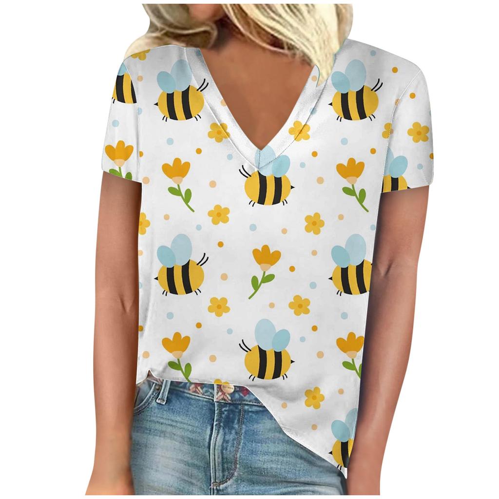 Винтажная женская футболка с принтом пчелы, с коротким рукавом, с V-образным вырезом, удобные футболки