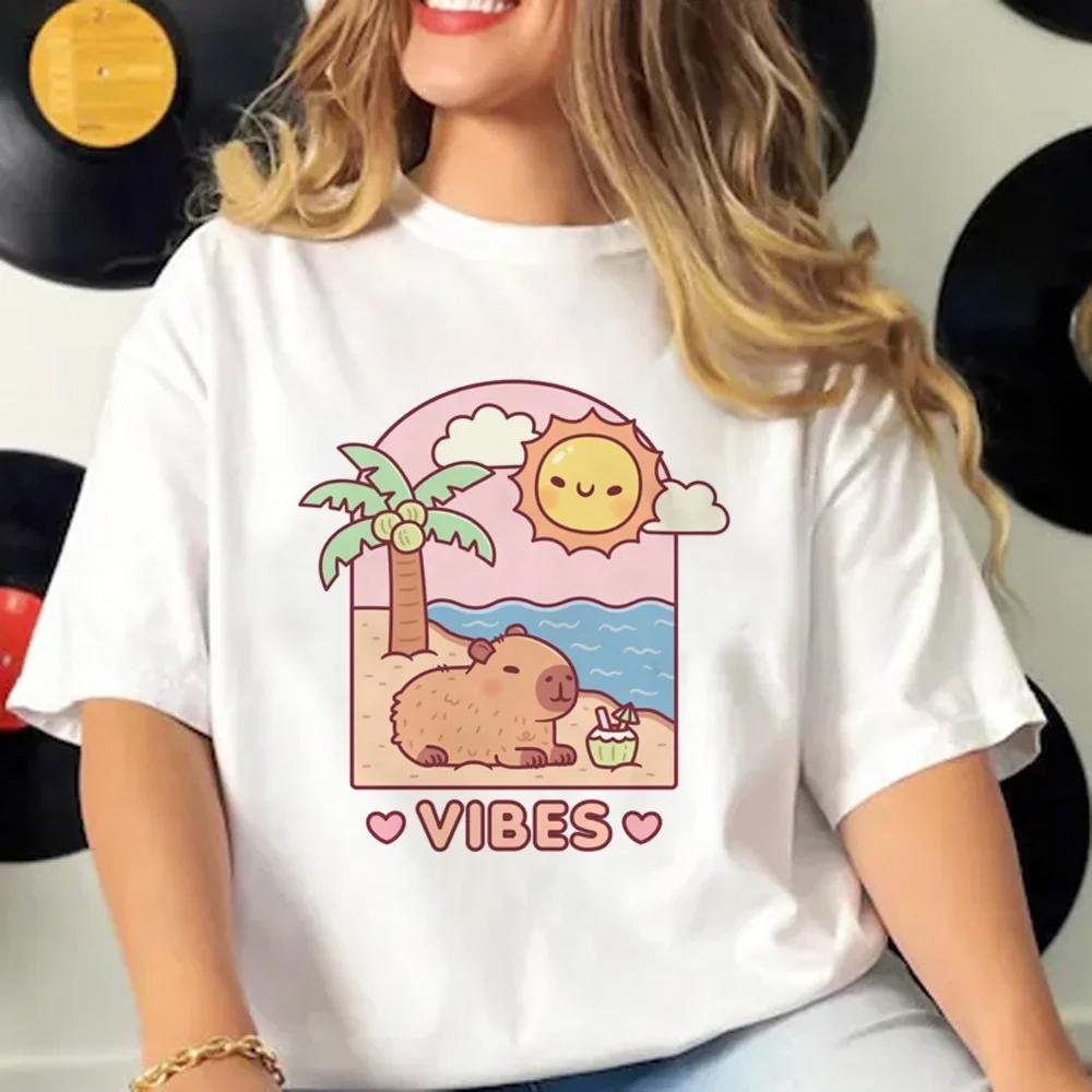 Летние футболки женские с коротким рукавом из чистого хлопка, модные, повседневные, с принтом мультяшной капибары и круглым вырезом