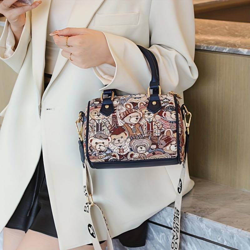 Сумочка с милым медвежьим узором, маленькая сумка через плечо Boston, женская сумка-саквояж с верхней ручкой