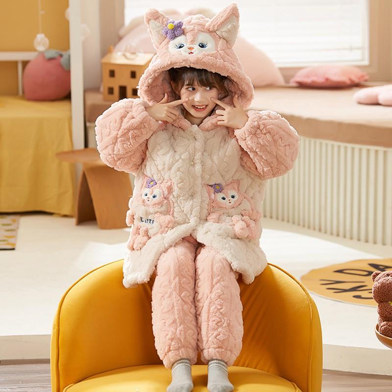 Girls Warm Coral Fleece Pajamas Set Winter Thick 3-Layer Quilted Sleepwear Kids Ages 8
