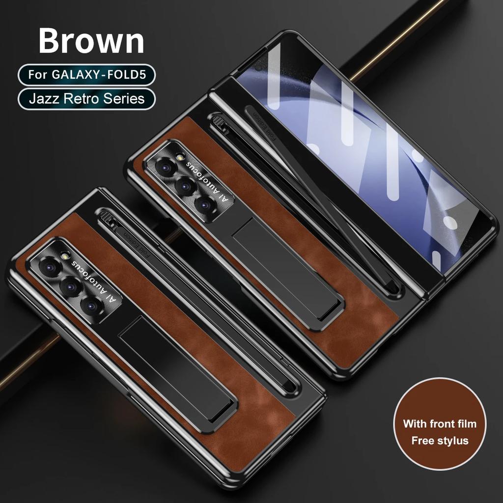 С сенсорной ручкой для Samsung Galaxy Z Fold 6 5 4 3 Чехол Винтажный кожаный держатель на шарнире Магнитный полноэкранный защитный складной чехол